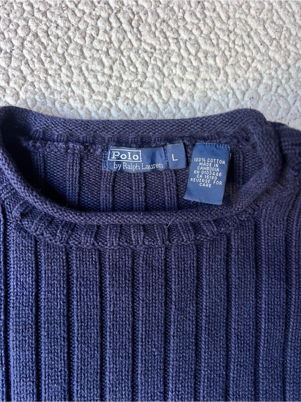 Vintage Polo Ralph Lauren Sweater Navy Blue Cotton Stretch Knit Crewneck Large - Picture 2 of 6